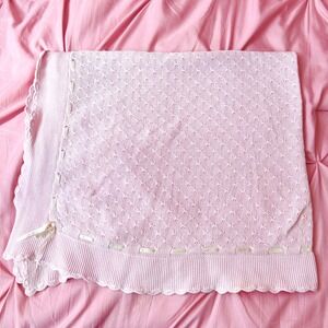 Vintage Sprockets Baby Pink Crochet Blanket Bow Trim Coquette